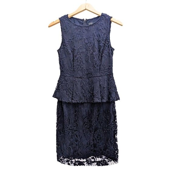ADRIANNA PAPELL Navy Blue Peplum Dress Sleeveless Lined Lace w/ Pockets Size 4 - Picture 1 of 10